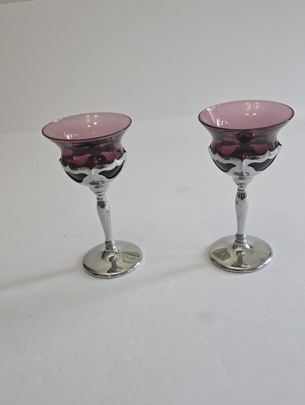 Vintage Farber Bros Krome Kraft Set Of 2 Amethyst Cocktail Glasses Chrome Stem